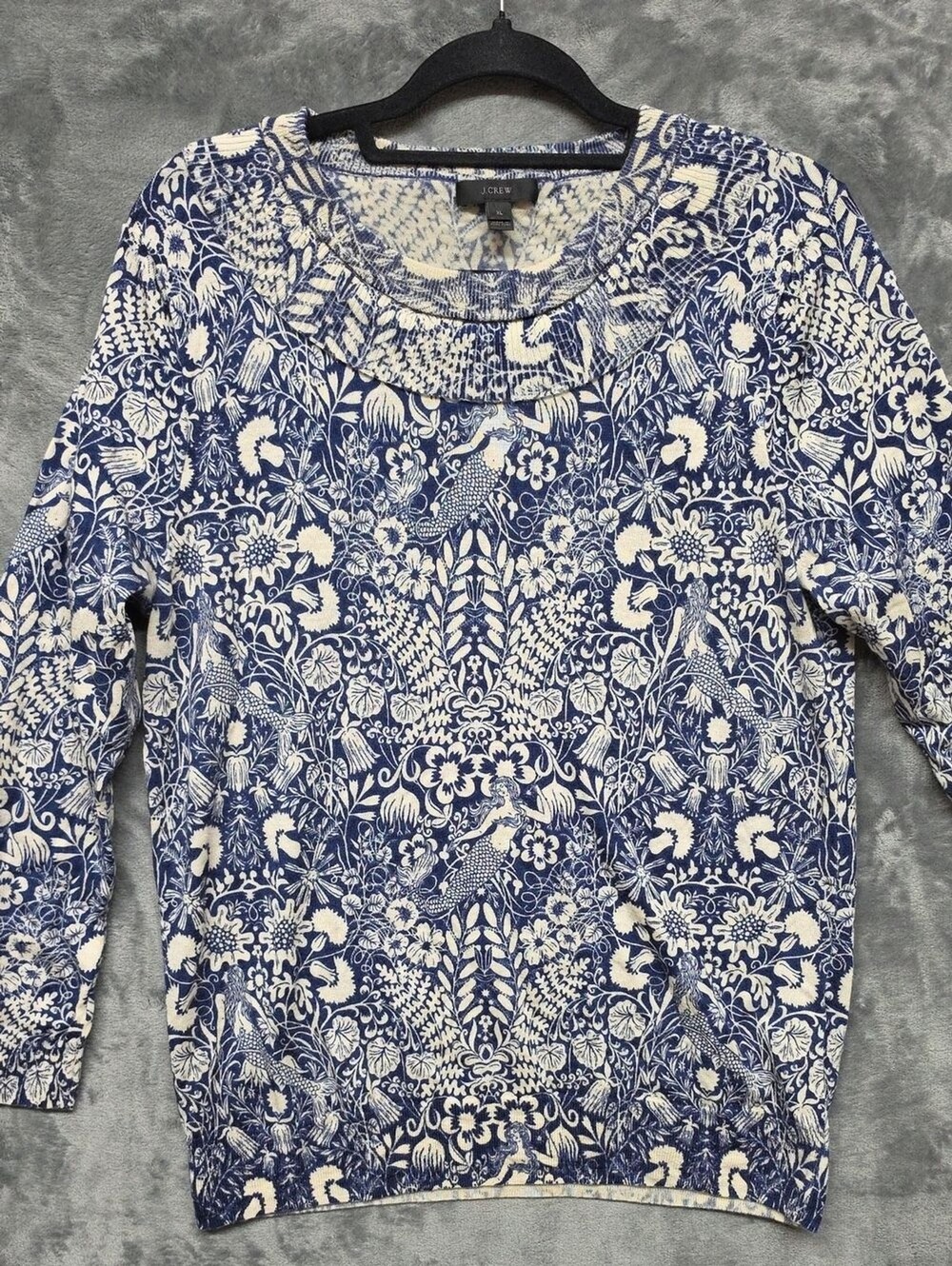 J. Crew Navy and White Floral Bird Wool Print Pullover sweater sz XL